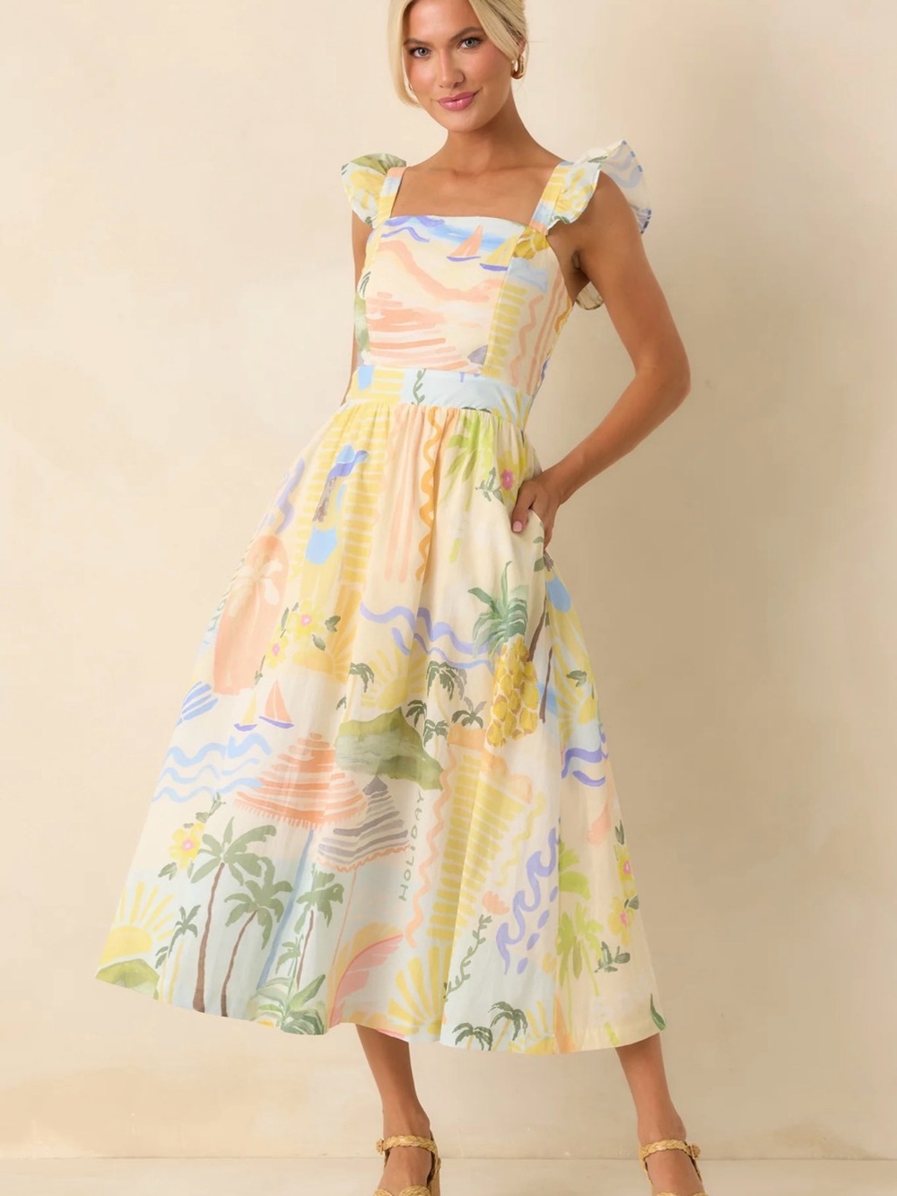 Prosperina 100% Cotton Pastel Island Print Midi Dress - Yellow
